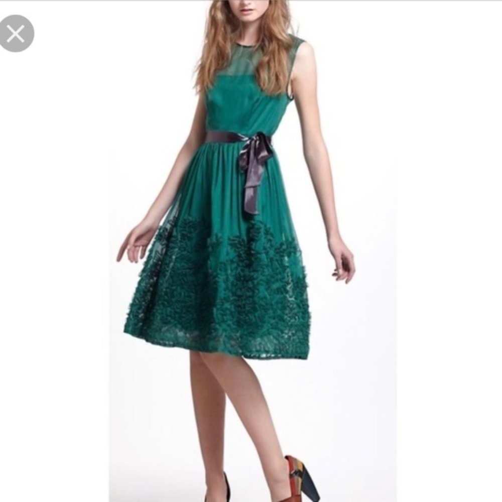 Anthropologie Tiny Caridad Green Silk Ruffle Dress